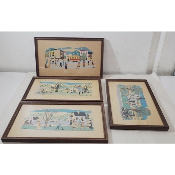 4 Piece Lot ￼Nicholas Takis FRAMED Watermelon Apples Holiday Busy Street